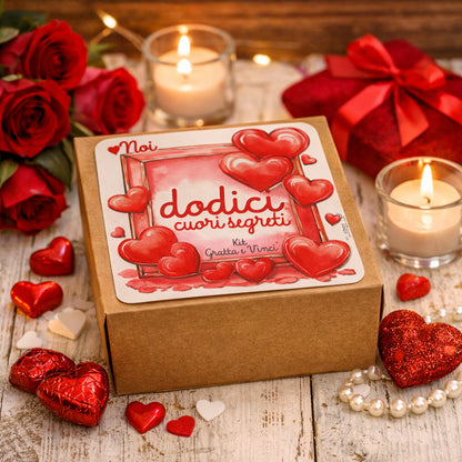 Ambientazione love con rose e candele: box Dodici Cuori Segreti pronto da regalare
