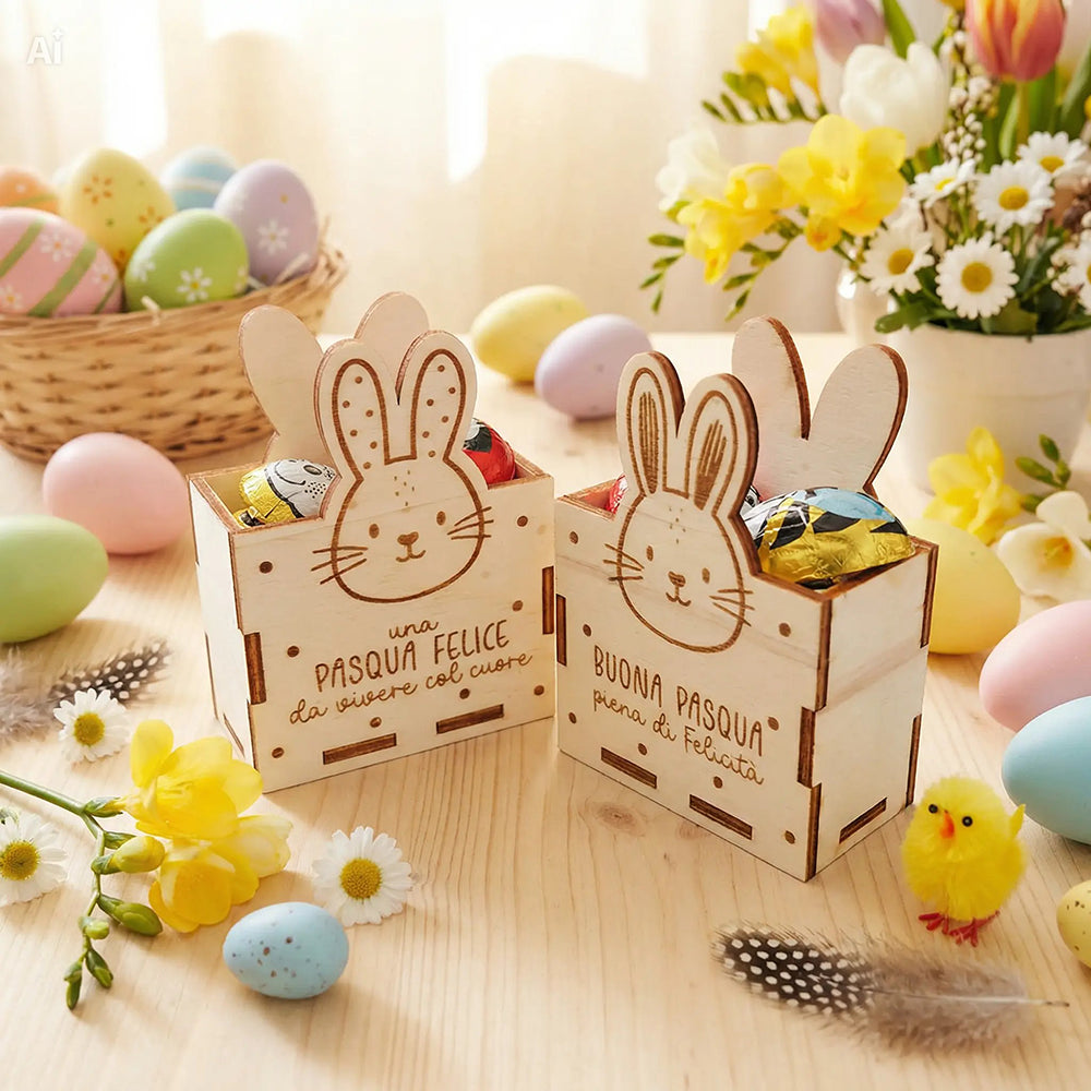 Scatoline di Pasqua in legno con coniglietto inciso in ambientazione floreale primaverile