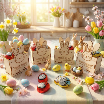 Collezione di scatoline di Pasqua in legno con coniglietto inciso e cioccolatini in ambientazione pasquale