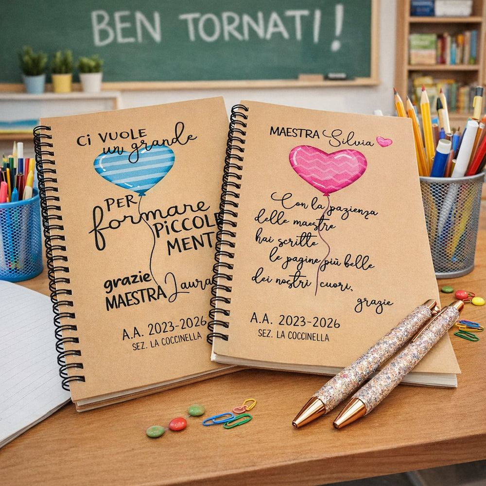 Taccuino personalizzato per maestra in ambientazione scolastica con penne, regalo fine anno