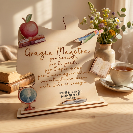 Targa puzzle in legno per maestra con dedica di fine anno in ambientazione calda con fiori e tazza