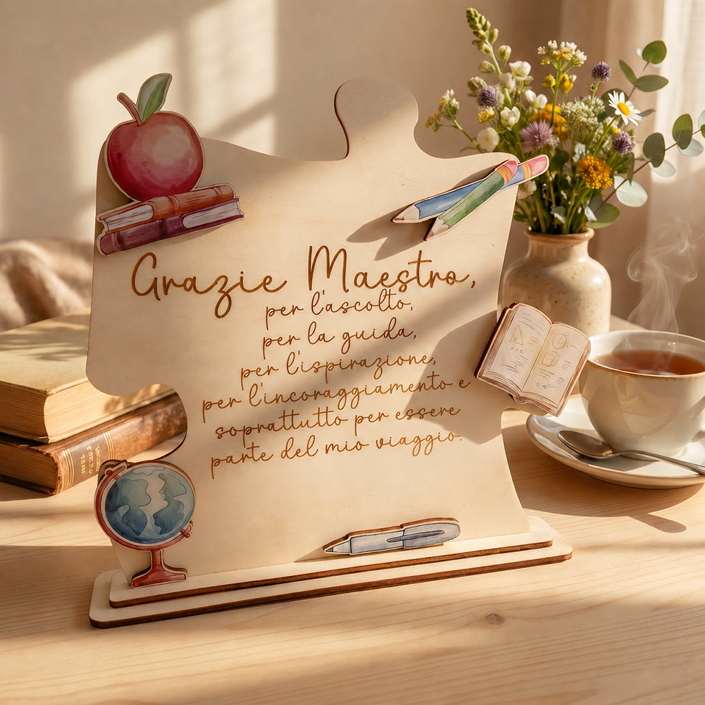 Targa puzzle in legno per maestro con dedica di fine anno in ambientazione calda con fiori e tazza