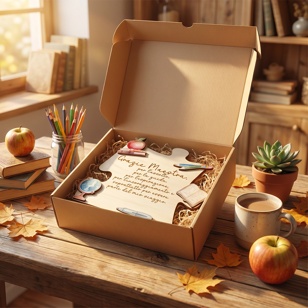 Confezione regalo kraft con targa puzzle per maestra e paglietta protettiva