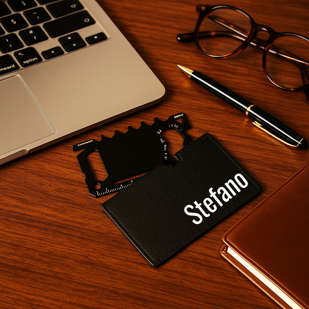 Utensile multifunzione 17-in-1 in acciaio inox con custodia PU, personalizzato con nome