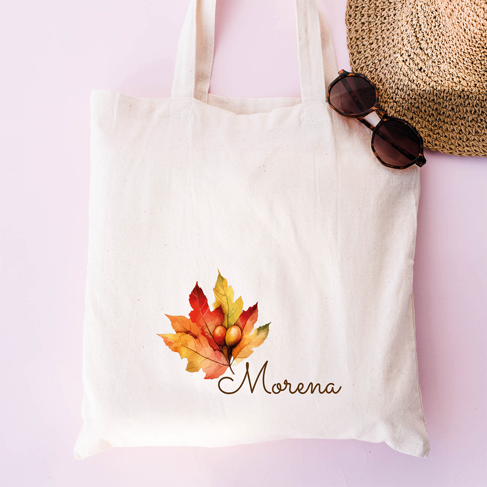 Tote bag personalizzata con nome e grafica con foglie autunnali, shopper in cotone bianca con nome personalizzabile