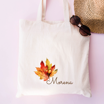 Tote bag personalizzata con nome e grafica con foglie autunnali, shopper in cotone bianca con nome personalizzabile