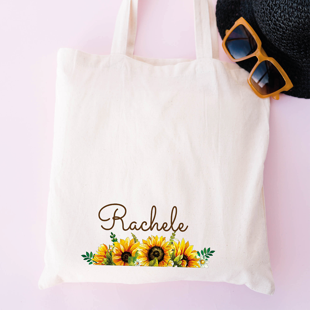 Tote bag personalizzata con nome e grafica con girasoli, shopper in cotone bianca con nome personalizzabile