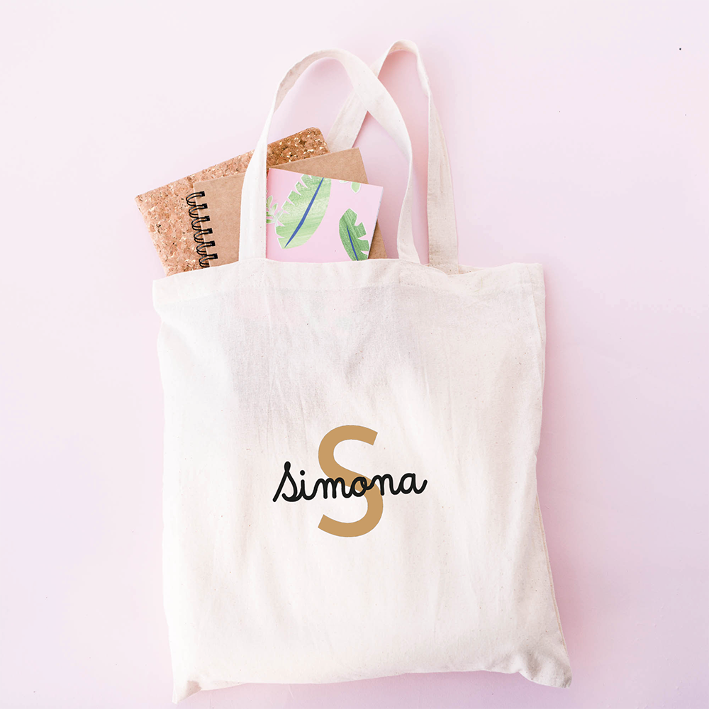 Tote bag personalizzata con nome e iniziale elegante, shopper in cotone bianca con nome personalizzabile