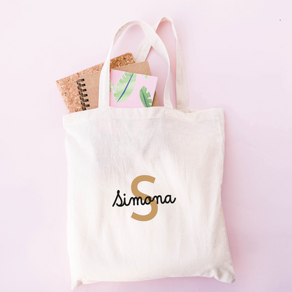 Tote bag personalizzata con nome e iniziale elegante, shopper in cotone bianca con nome personalizzabile