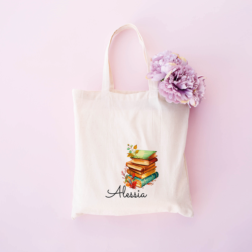 Tote bag personalizzata con nome e grafica con libri autunnali, shopper in cotone bianca con nome personalizzabile