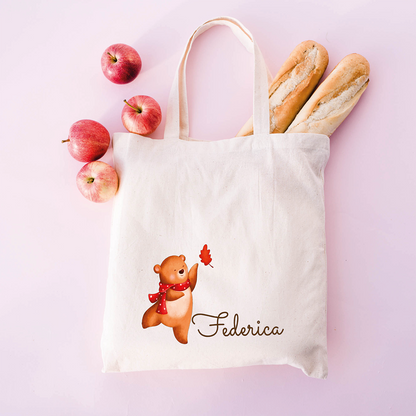 Tote bag personalizzata con nome e grafica con foglie autunnali, shopper in cotone bianca con nome personalizzabile
