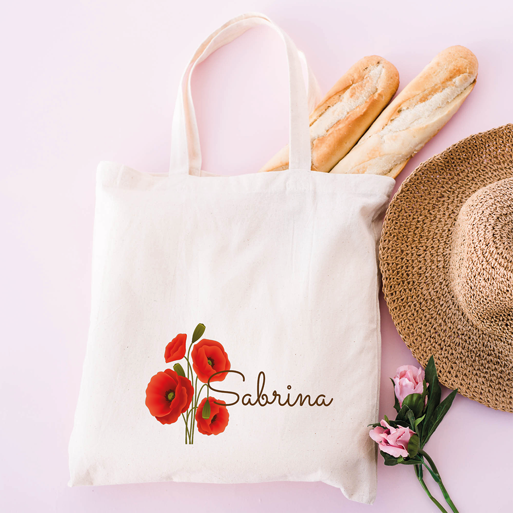 Tote bag personalizzata con nome e grafica con papaveri rossi, shopper in cotone bianca con nome personalizzabile