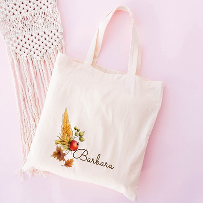 Tote bag personalizzata con nome e grafica con spiga e melograno, shopper in cotone bianca con nome personalizzabile