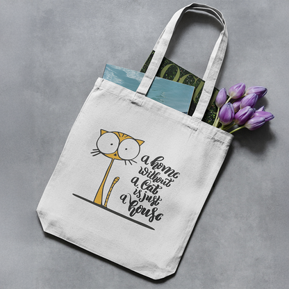 Tote bag con illustrazione di gatto e scritta A home without a cat is just a house, shopper in cotone bianca vista dall’alto
