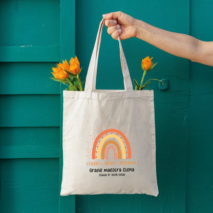 Tote bag maestra personalizzata con grafica arcobaleno caldo, nome maestra, classe e anno scolastico