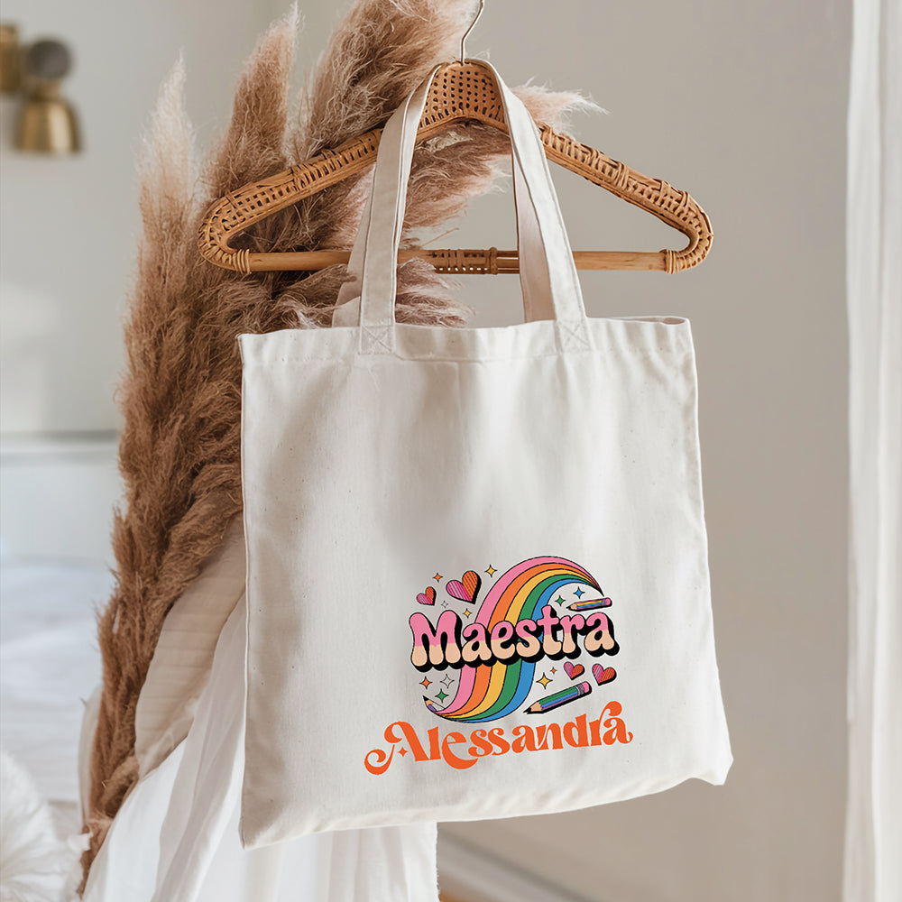 Tote bag maestra personalizzata con grafica arcobaleno, nome maestra e shopper in cotone