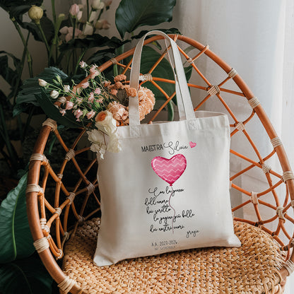 Tote bag maestra personalizzata con cuore rosa, poesia, nome maestra, anni scolastici e sezione
