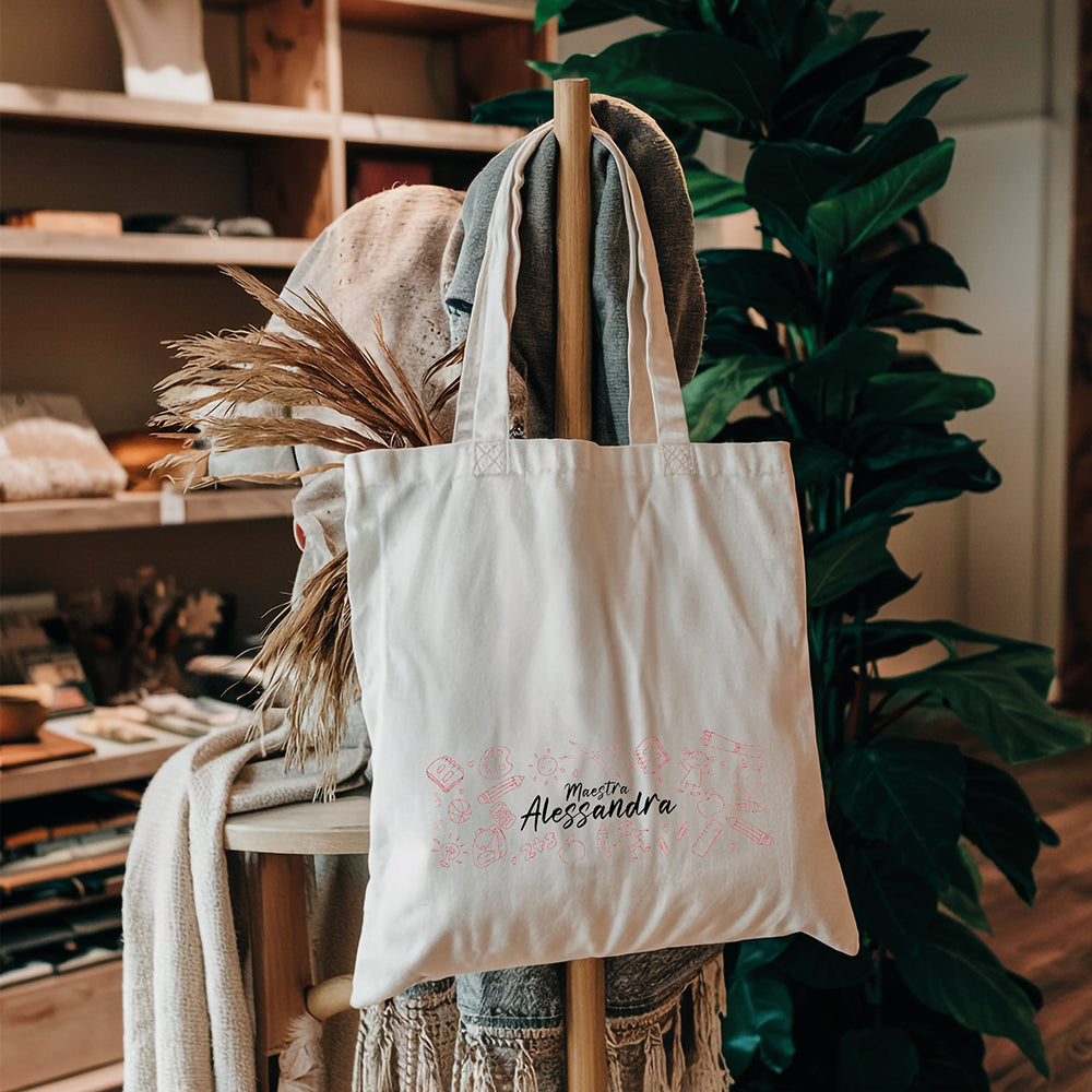 Tote bag maestra personalizzata con grafica doodle scuola e nome maestra, shopper in cotone personalizzata