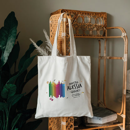 Tote bag maestra personalizzata con grafica matite colorate e scritta grazie maestra, shopper in cotone personalizzata