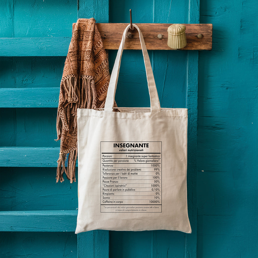 Tote bag maestra personalizzata con grafica insegnante valori nutrizionali, shopper in cotone con stampa ironica