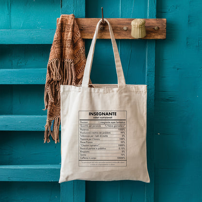 Tote bag maestra personalizzata con grafica insegnante valori nutrizionali, shopper in cotone con stampa ironica