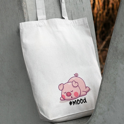 Tote bag mood con maialino addormentato, shopper in cotone bianca appoggiata