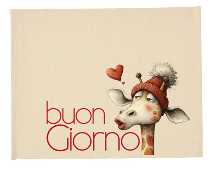 Tovaglietta colazione San Valentino “buon giorno” con giraffa che manda un bacio, cappello rosso e cuoricino su sfondo beige.