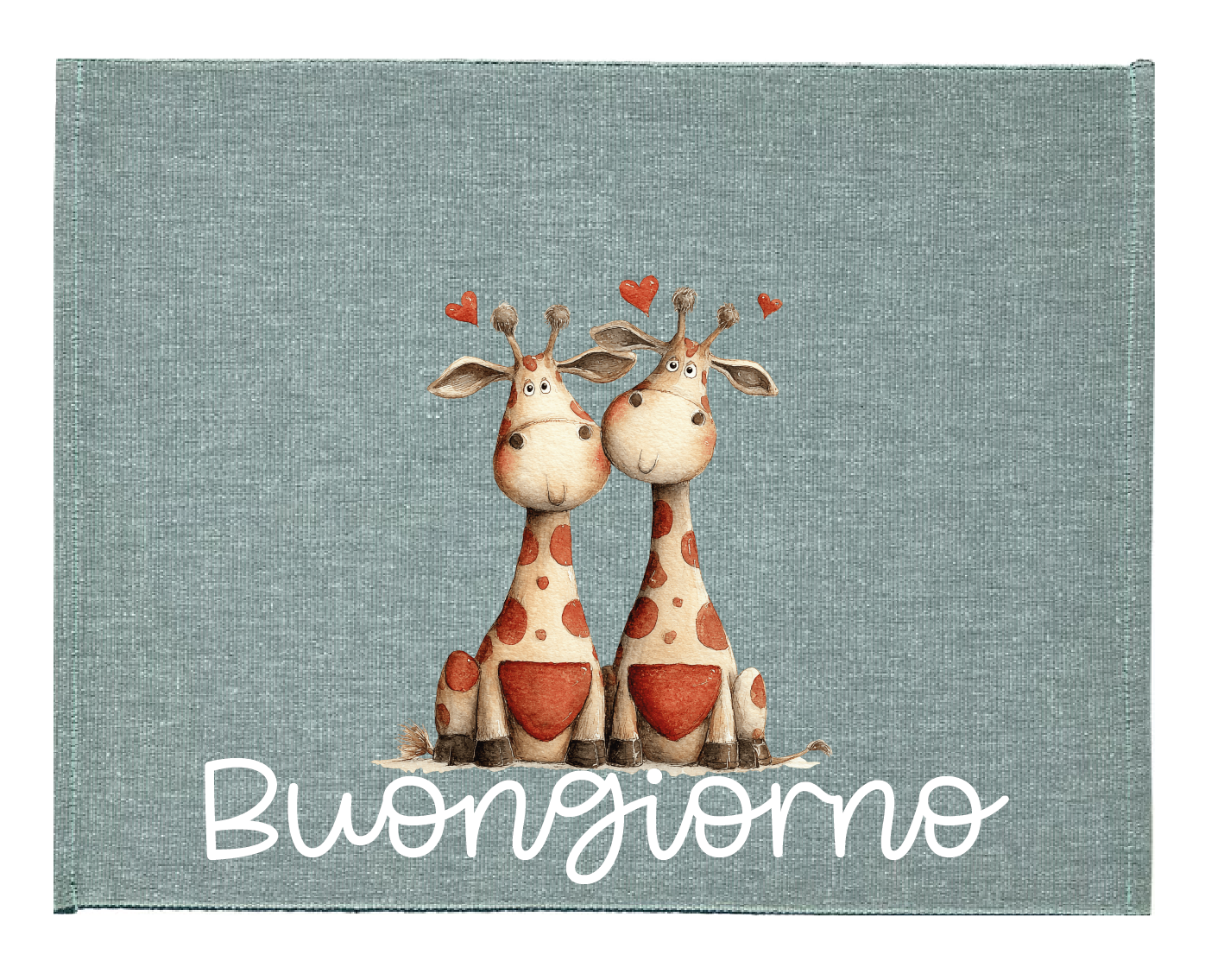 Tovaglietta colazione San Valentino con coppia di giraffe e cuoricini, scritta “Buongiorno” su sfondo azzurro.
