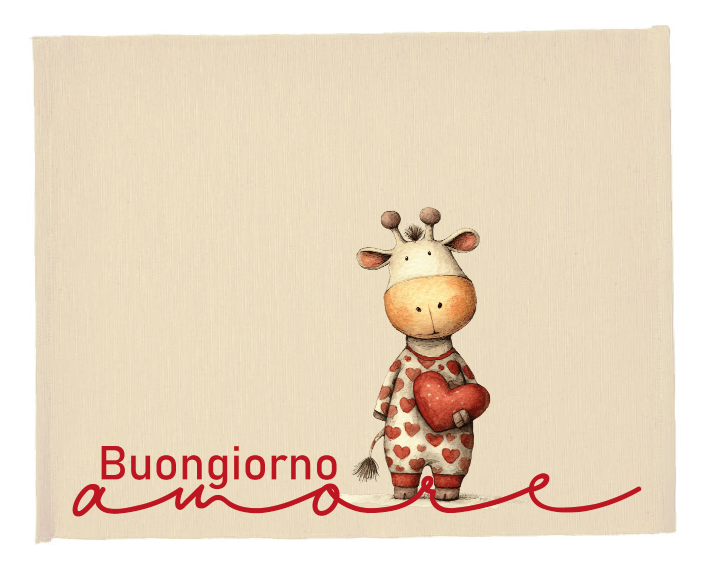 Tovaglietta colazione San Valentino con giraffa che salta con palloncino a cuore, scritta “Amore buongiorno” su sfondo beige.