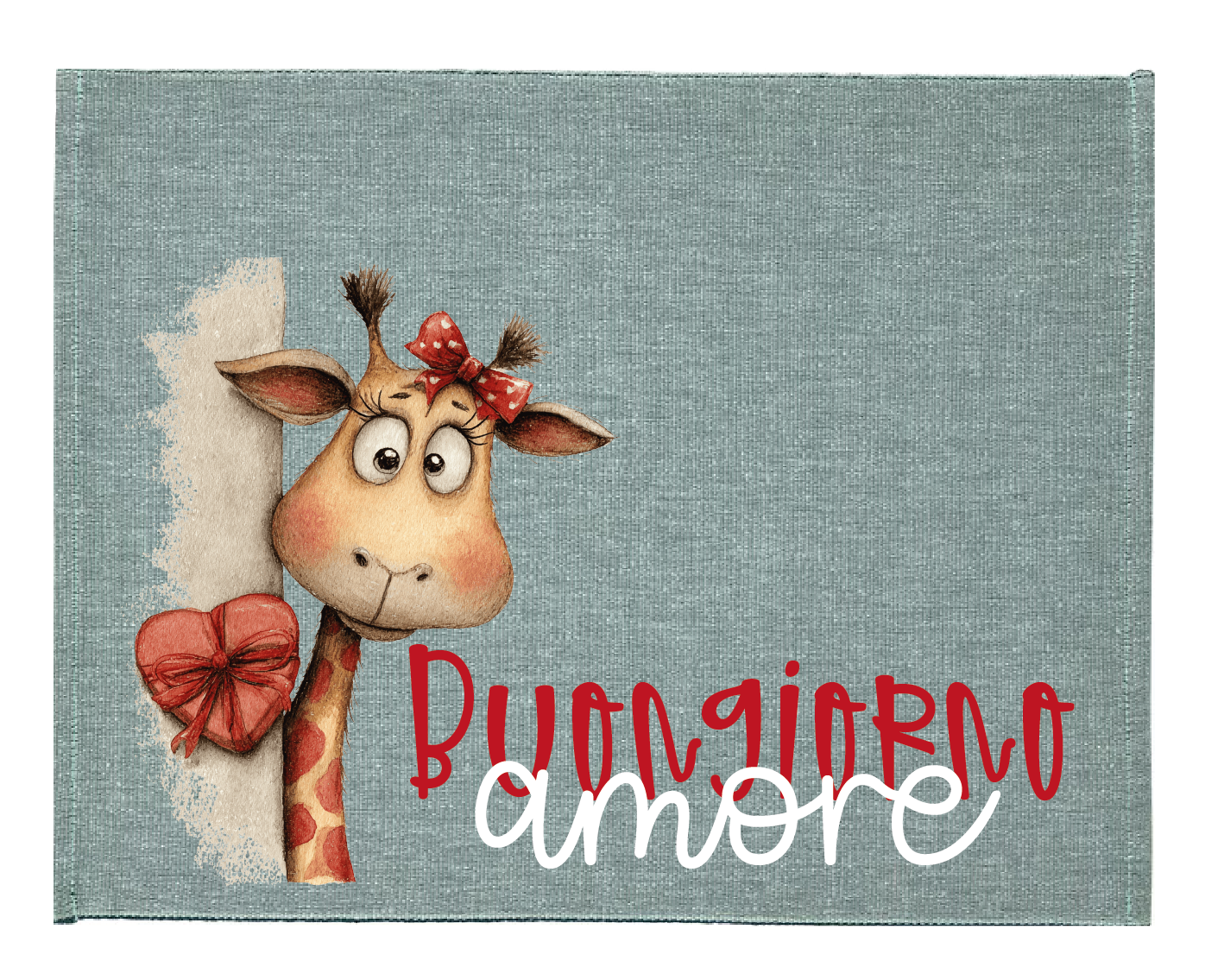 Tovaglietta colazione San Valentino “Buongiorno amore” con giraffa che sbuca e regalo a cuore, su sfondo azzurro.