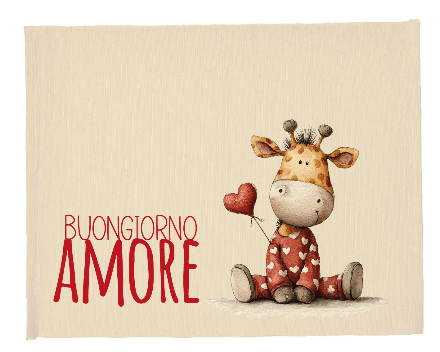 Tovaglietta colazione San Valentino con personaggio giraffa in pigiama con cuori e cuore in mano, scritta “Buongiorno amore” su sfondo beige.