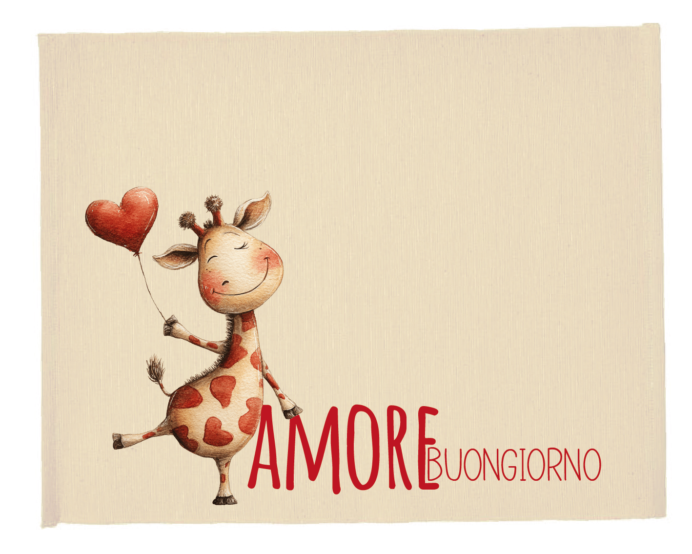 Tovaglietta colazione San Valentino con giraffa sorridente e palloncino a cuore, scritta “Buongiorno amore” su sfondo beige.