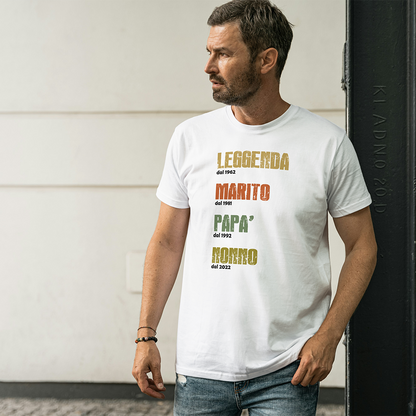 Uomo con t-shirt bianca “Leggenda, Marito, Papà, Nonno” con anni personalizzabili