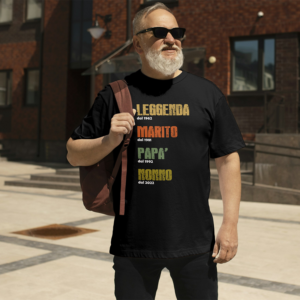 Uomo con t-shirt nera “Leggenda, Marito, Papà, Nonno” con anni personalizzabili