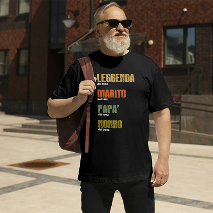 Uomo con t-shirt nera “Leggenda, Marito, Papà, Nonno” con anni personalizzabili