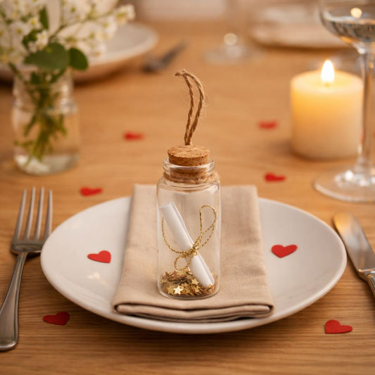 Vasetto in vetro con pergamena e stelline dorate usato come segnaposto su tavola apparecchiata con candela